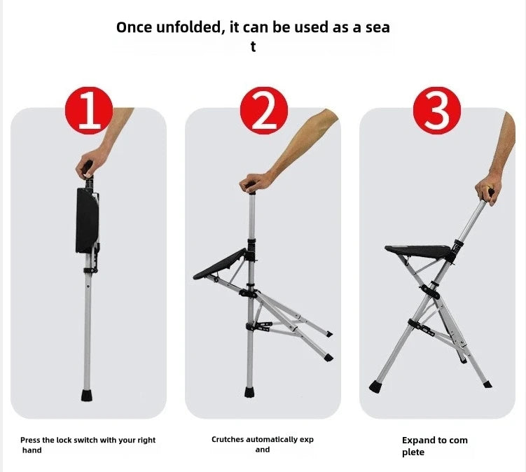 2-In-1 Portable Folding Cane And Chair With Three Legs