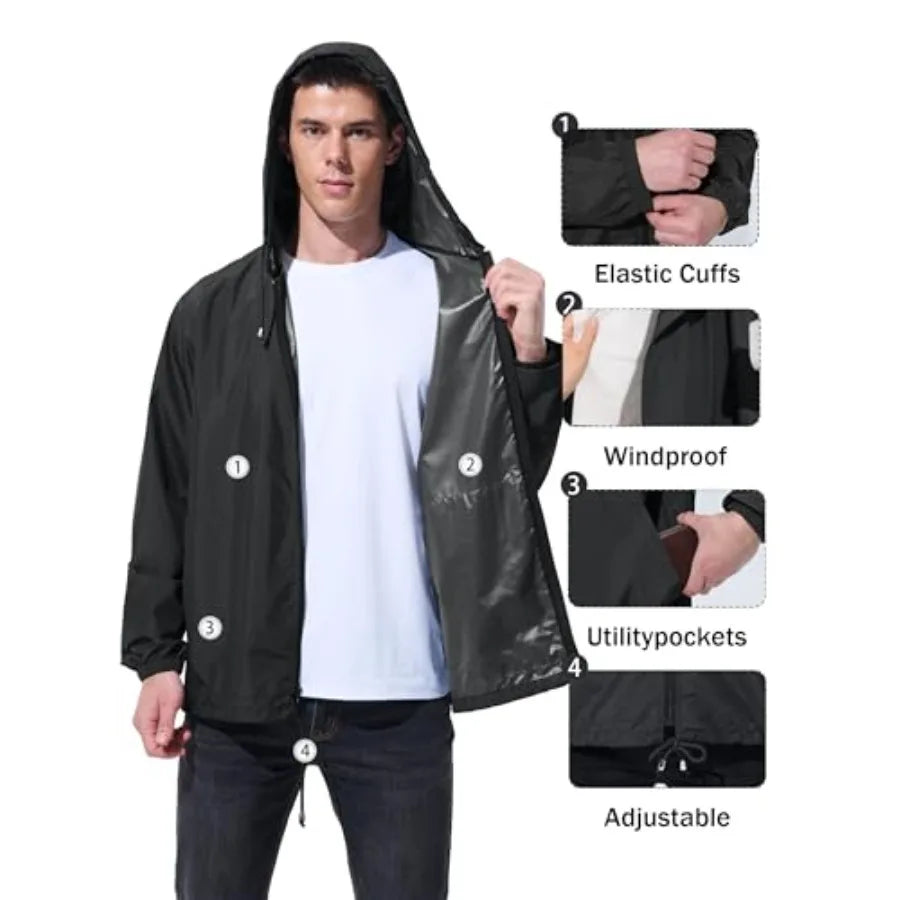 Mens Rain Jacket Raincoat Windbreaker Waterproof Lightweight Packable Hooded