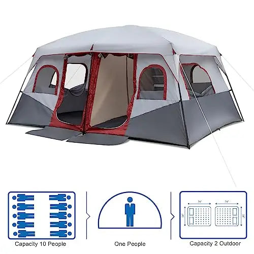 Waterproof Windproof Camping Tent With Two Doors And Separate Rooms