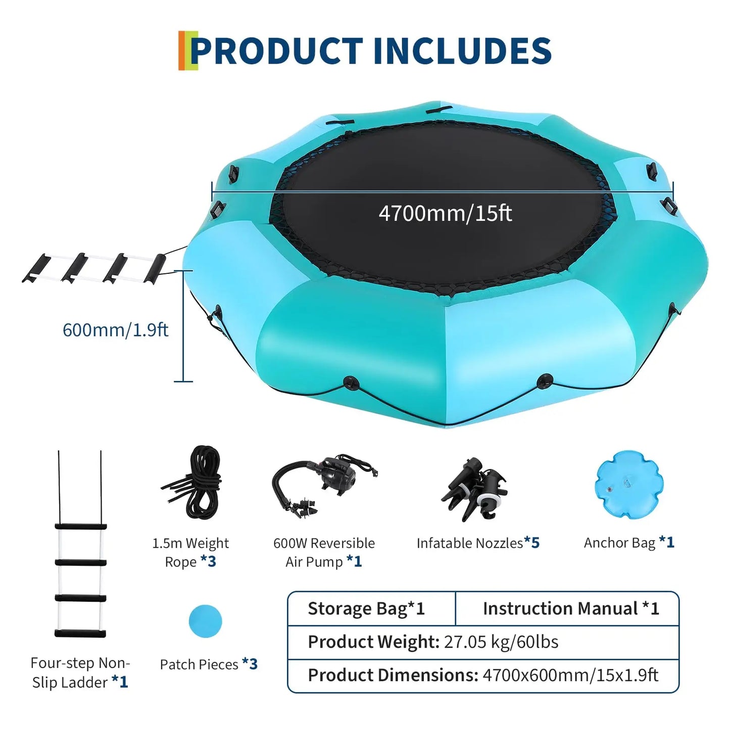 Inflatable Water Trampoline With Electric Pump And Accessories