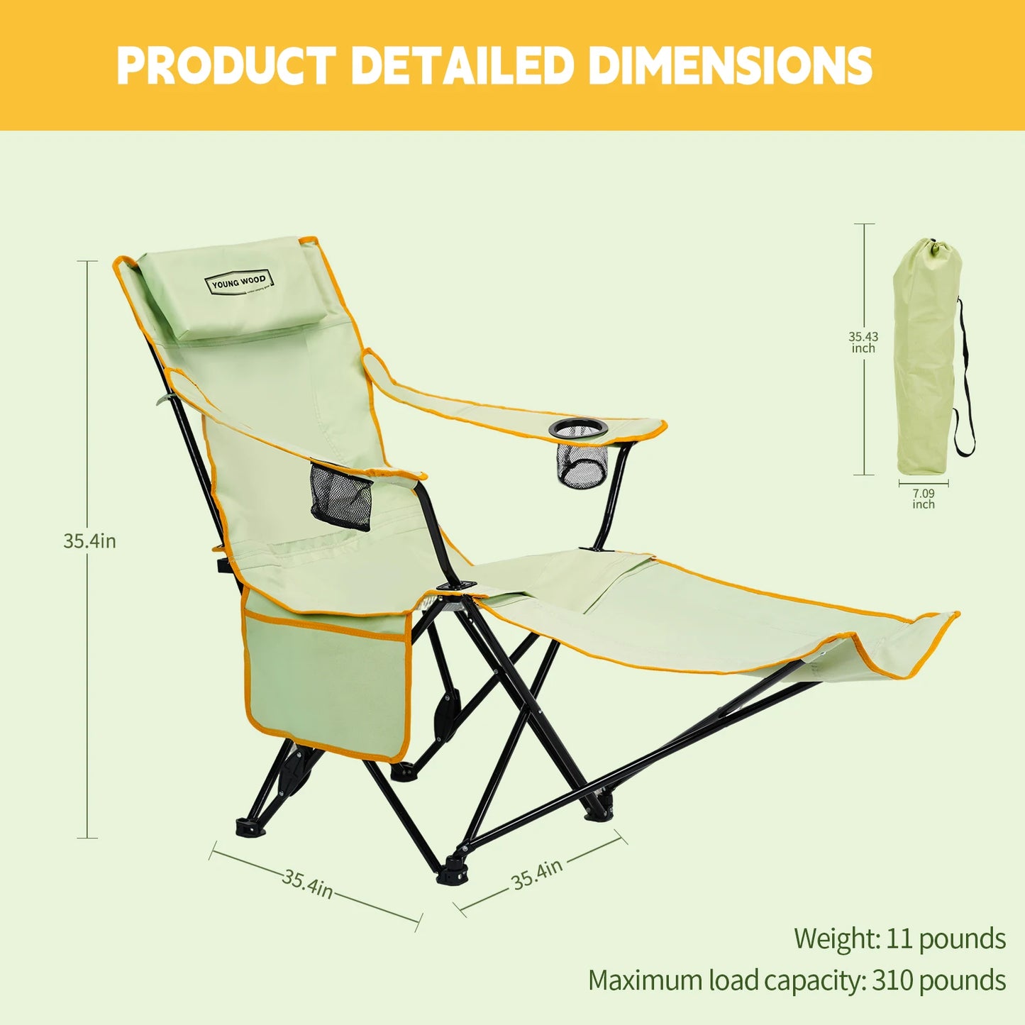 GERC Young Wood 2 In 1 Reclining Camping Chair Footrest