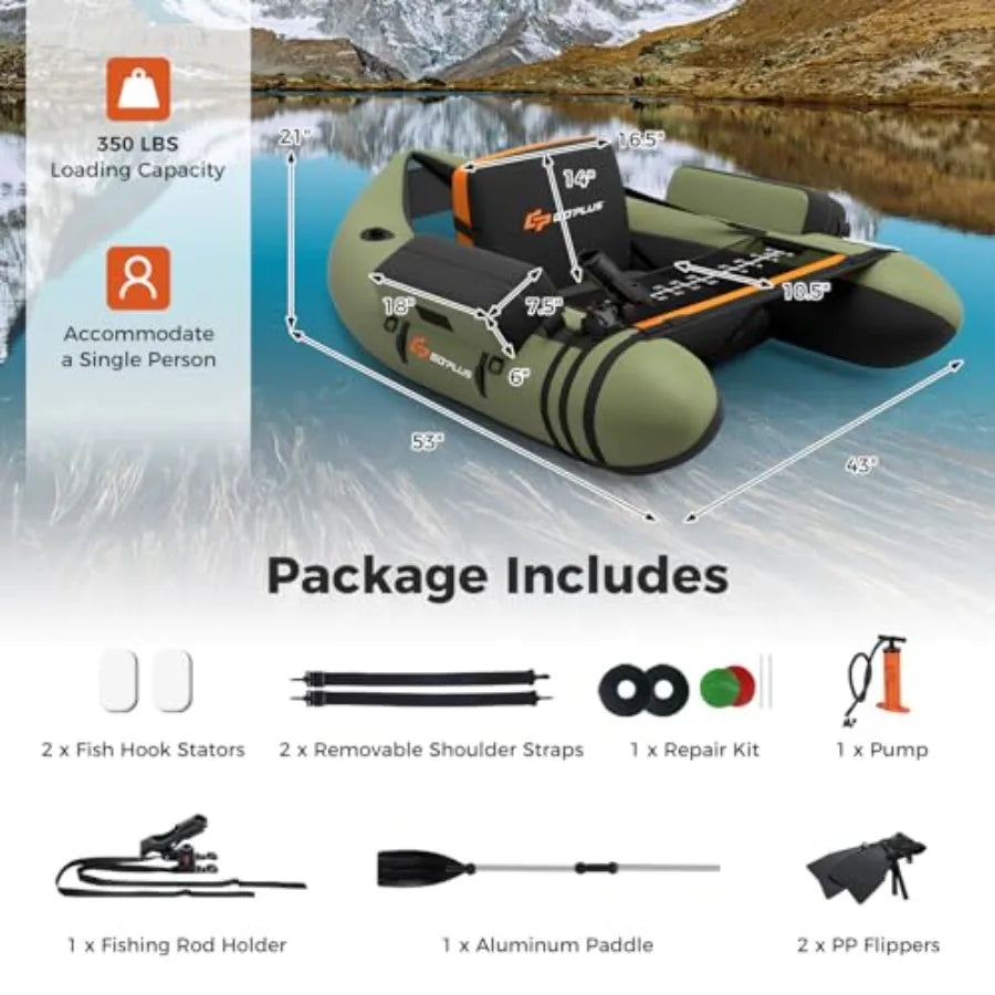 Inflatable Float Tube Fishing Belly Boat with Fish Ruler Pump Storage Bag Adjustable Straps Fishing Float Tube for Angling 350L