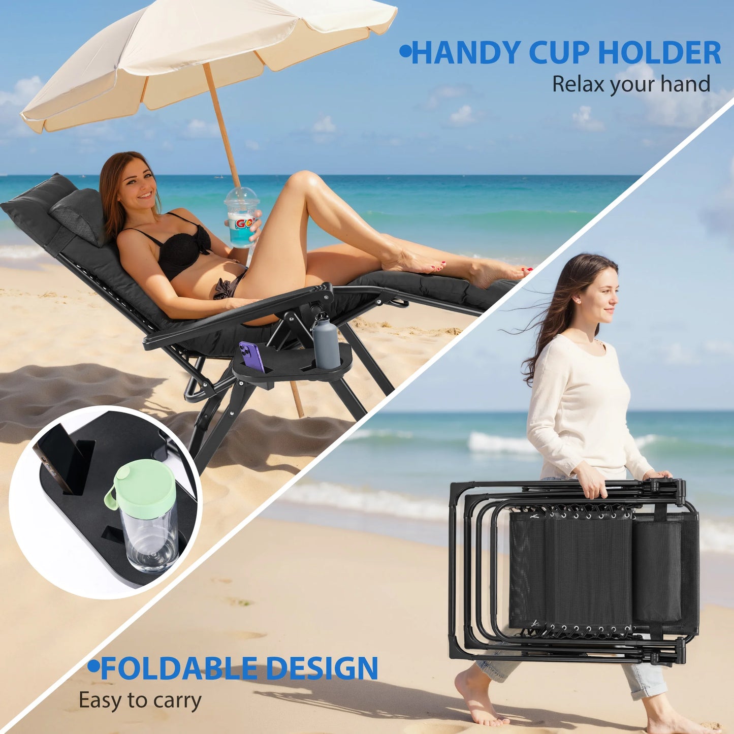 Zero Gravity Cushioned Lounge Chair Folding Camping Cup Holder Cooler