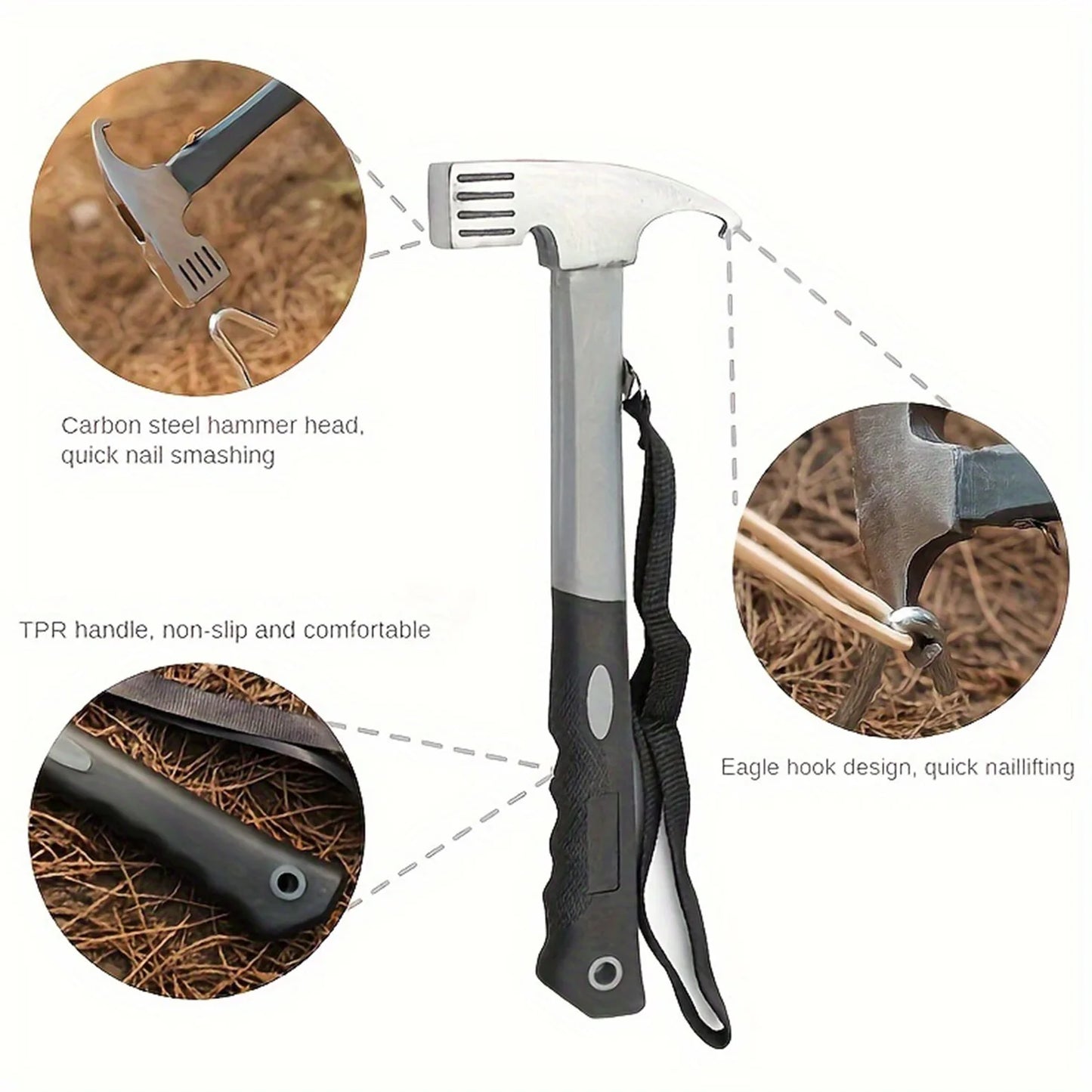Camping Hammer With Tent Stake Remover Ergonomic Rubber Grip