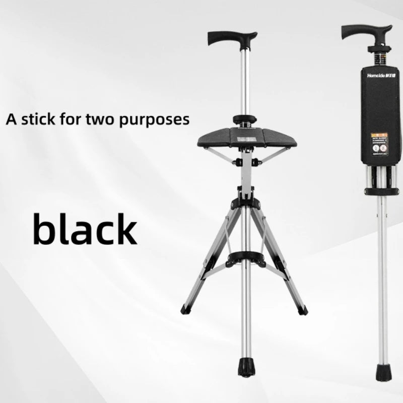 2-In-1 Portable Folding Cane And Chair With Three Legs