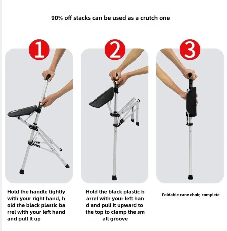 2-In-1 Portable Folding Cane And Chair With Three Legs