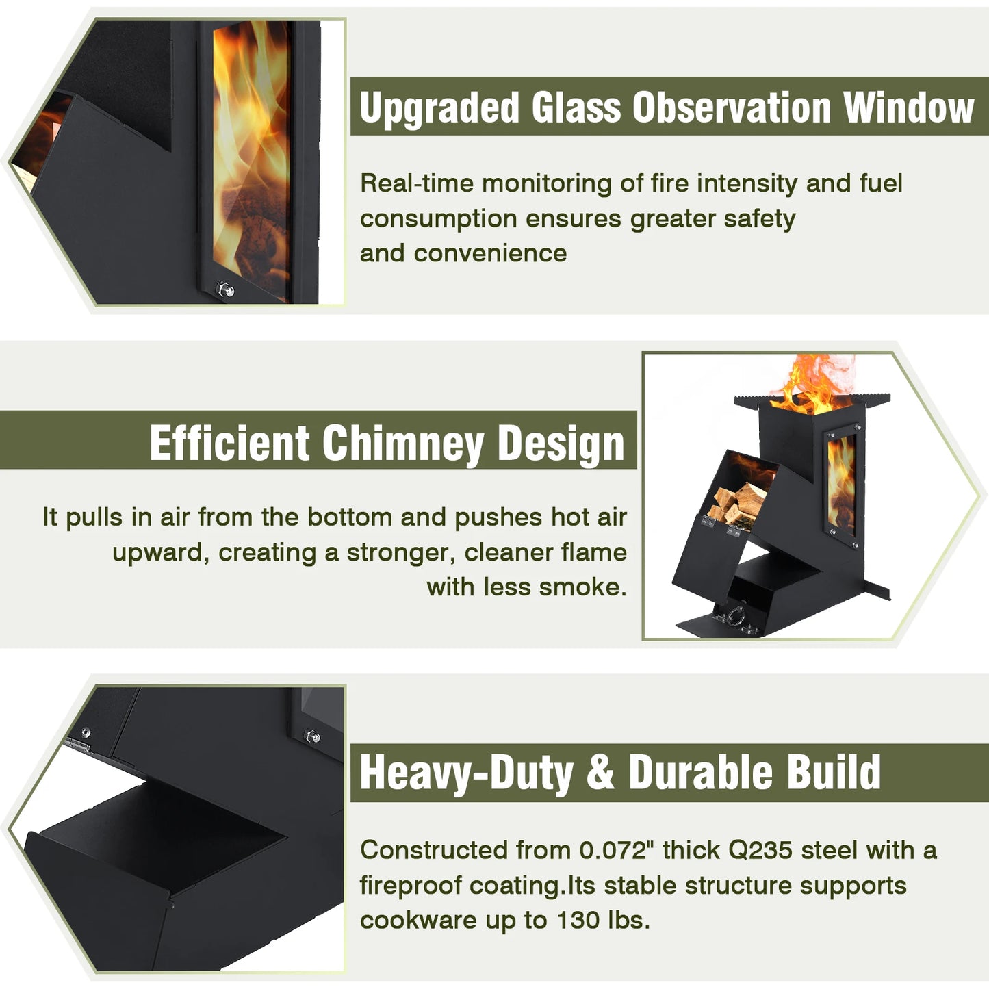 Portable Rocket Stove With Glass Door Outdoor Camping Grill Emergency