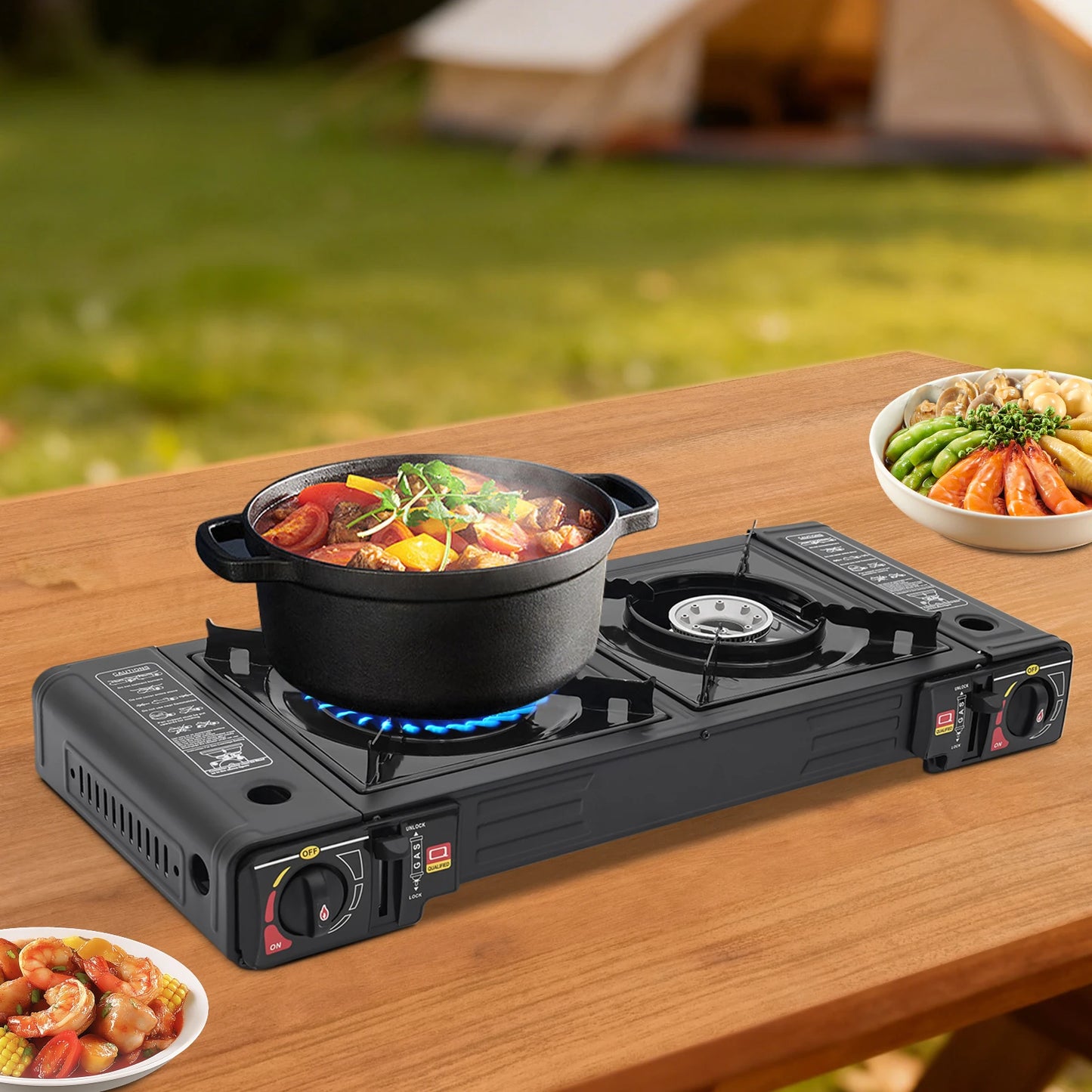 2 Burner Portable Gas Stove With Piezo Ignition Carrying Case