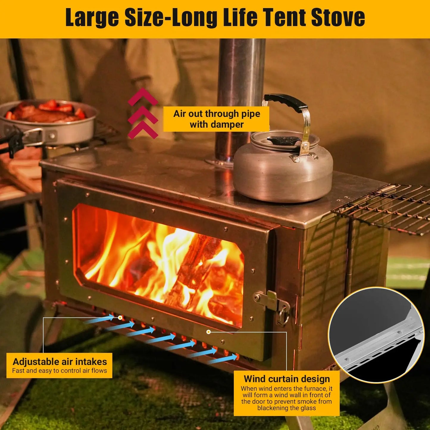 Portable Stainless Steel Hot Tent Stove With View Glass And Chimney Pipes