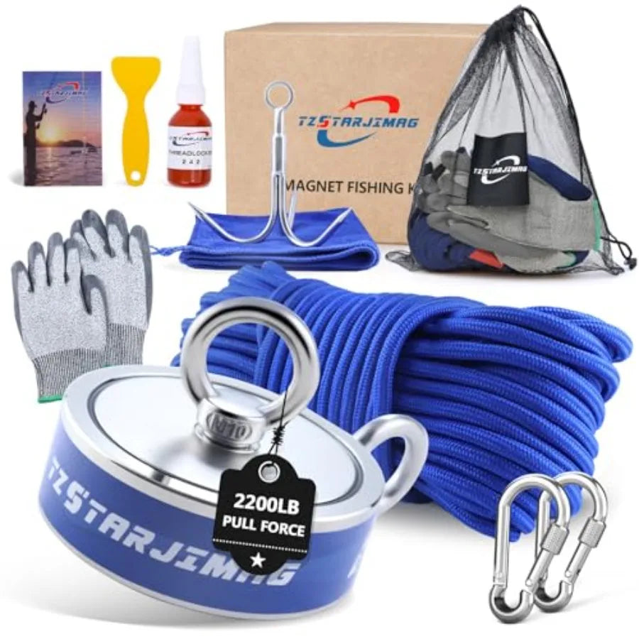 Double Side Magnet Fishing Kit 2200 Lb Super Strong Neodymium Magnets with 66 Ft Rope 3.85 Inch Large Magnetic Fishing Kit with