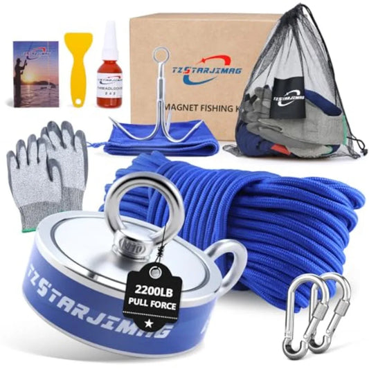 Double Side Magnet Fishing Kit 2200 Lb Super Strong Neodymium Magnets with 66 Ft Rope 3.85 Inch Large Magnetic Fishing Kit with
