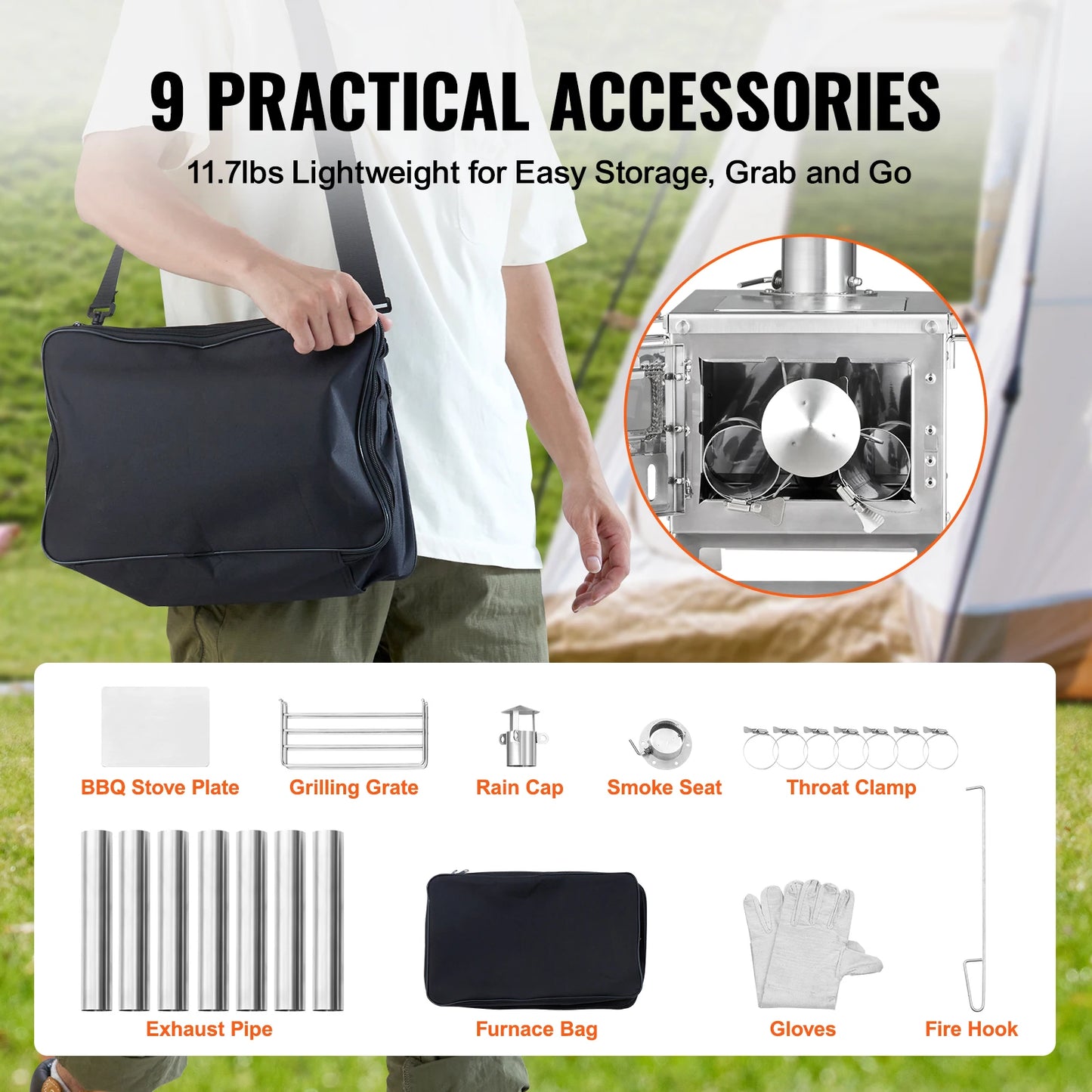 SucceBuy Portable Wood Stove With Chimney Pipes For Camp