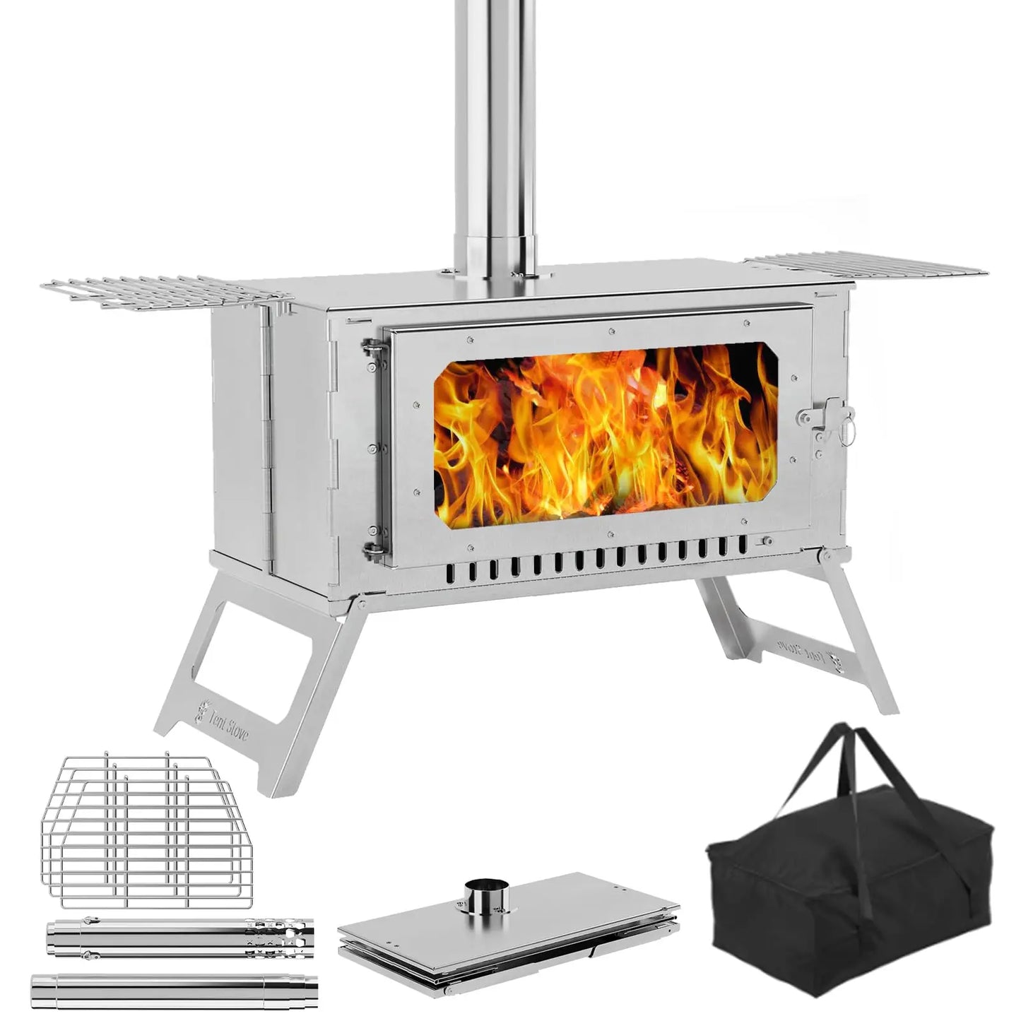 Portable Stainless Steel Hot Tent Stove With View Glass And Chimney Pipes