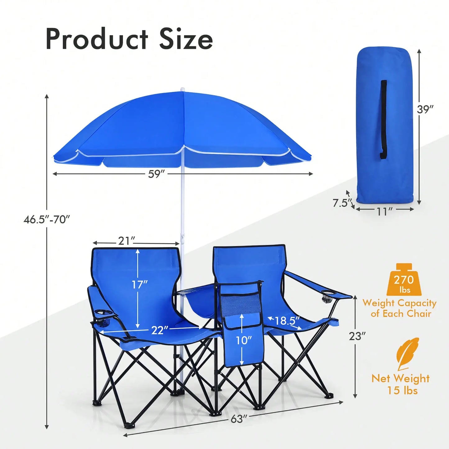Folding Picnic Double Chair With Umbrella Table Cooler For Beach Camping
