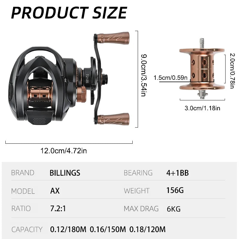 Billings Baitcasting Reel AX200 7to1 High Speed Max Drag 6kg
