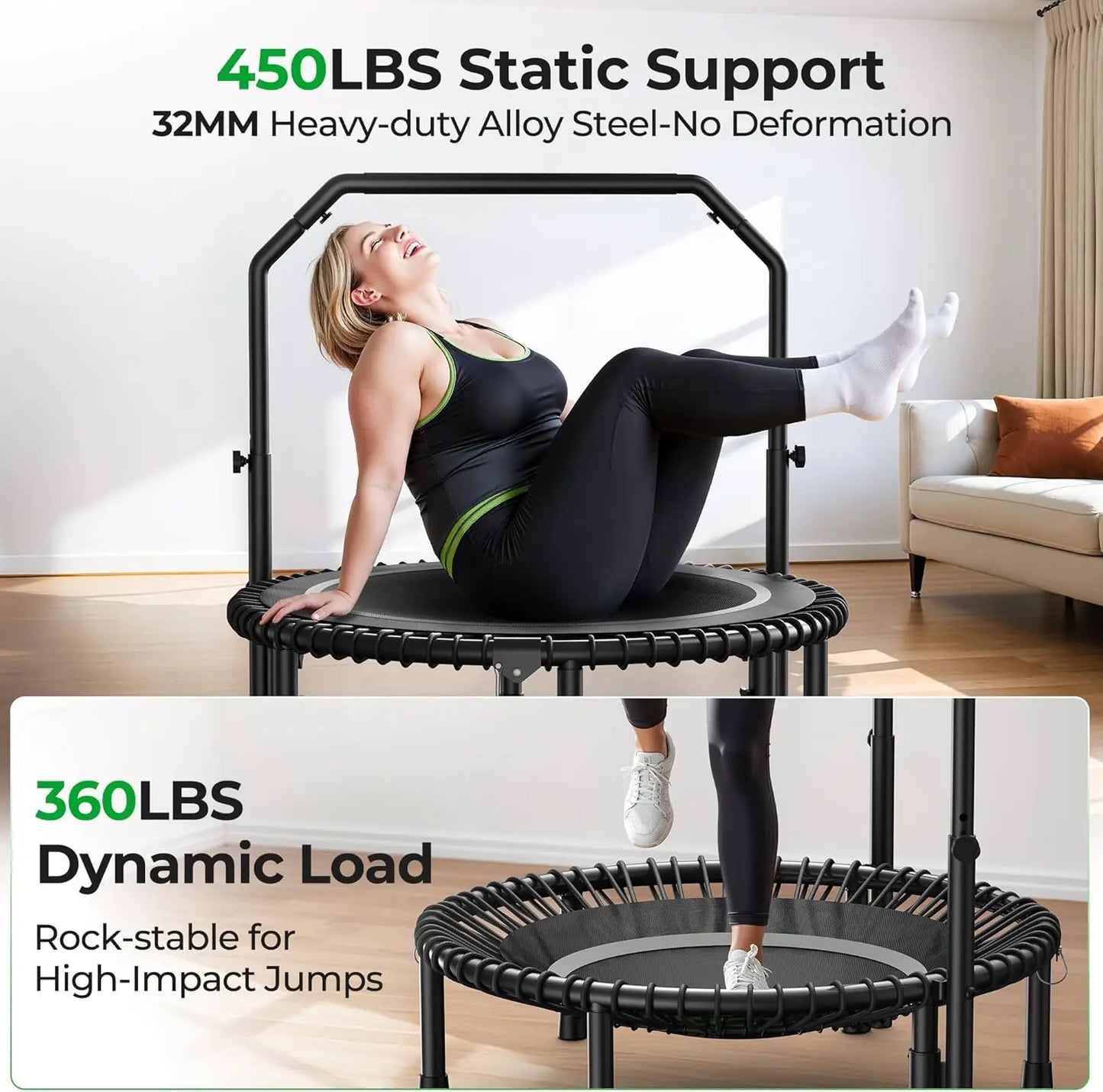 Mini Rebounder Trampoline 450LBS Fitness Trampoline With Adjustable Handle
