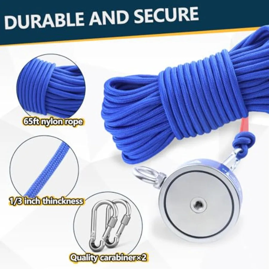 Double Side Magnet Fishing Kit 2200 Lb Super Strong Neodymium Magnets with 66 Ft Rope 3.85 Inch Large Magnetic Fishing Kit with
