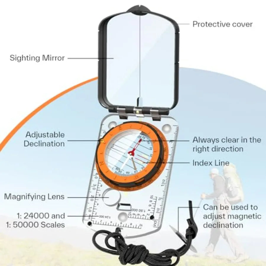 Hiking Compass With Mirror For Survival And Orienteering Camping