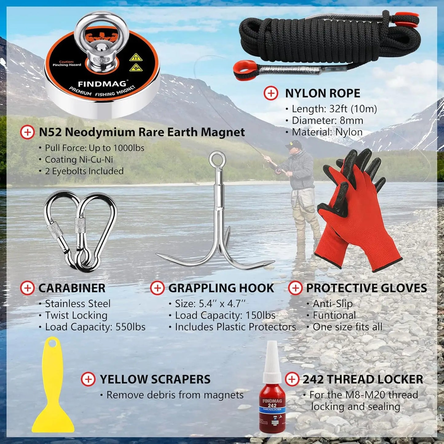 Strong 1000 LBS Fishing Magnet Kit Waterproof Case And Rope