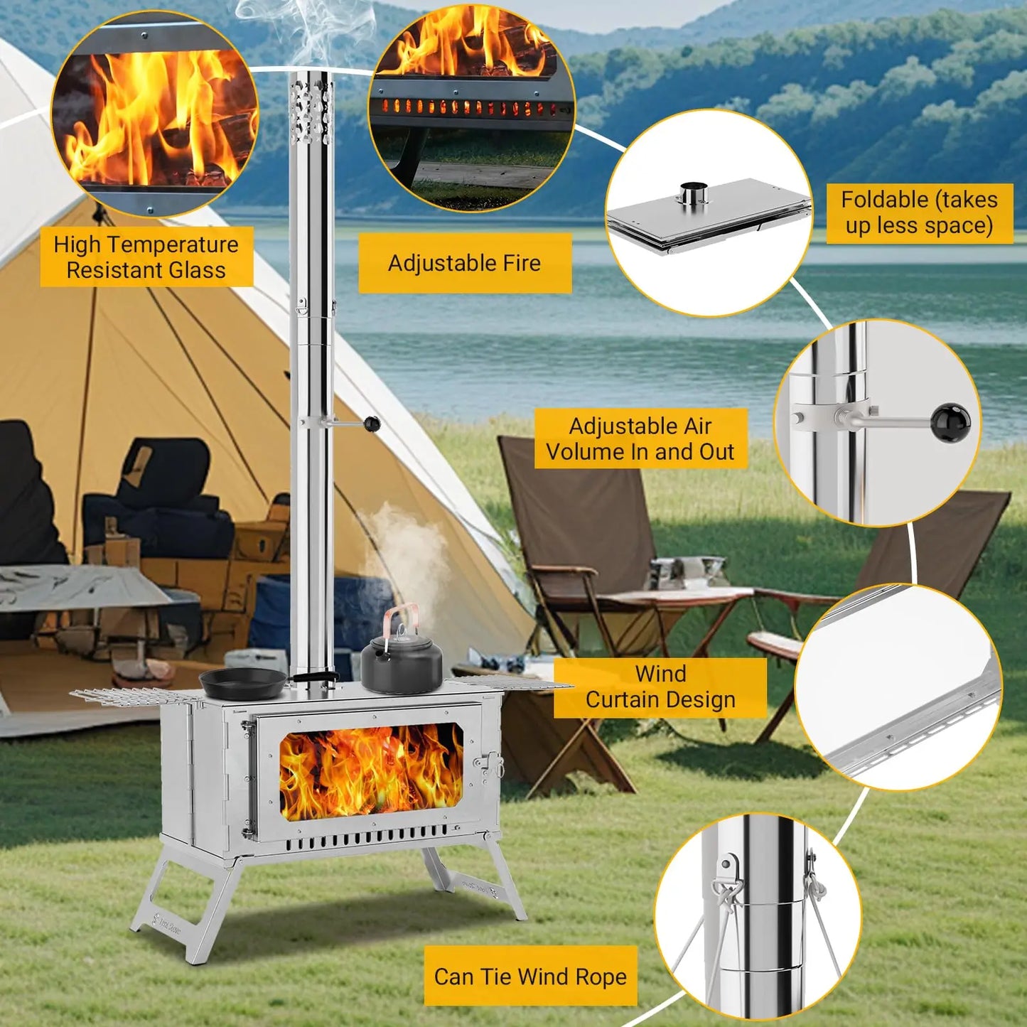 Portable Stainless Steel Hot Tent Stove With View Glass And Chimney Pipes
