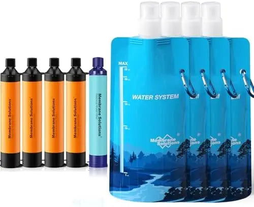 Portable Water Filtration System With Filter Straw And Collapsible Bottle