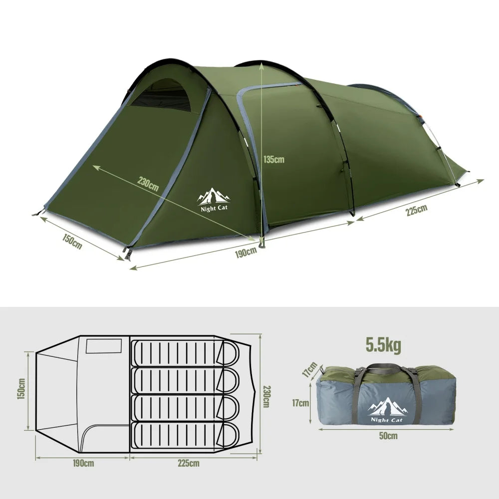 Night Cat 4 Person Waterproof Outdoor Family Tent With Porch