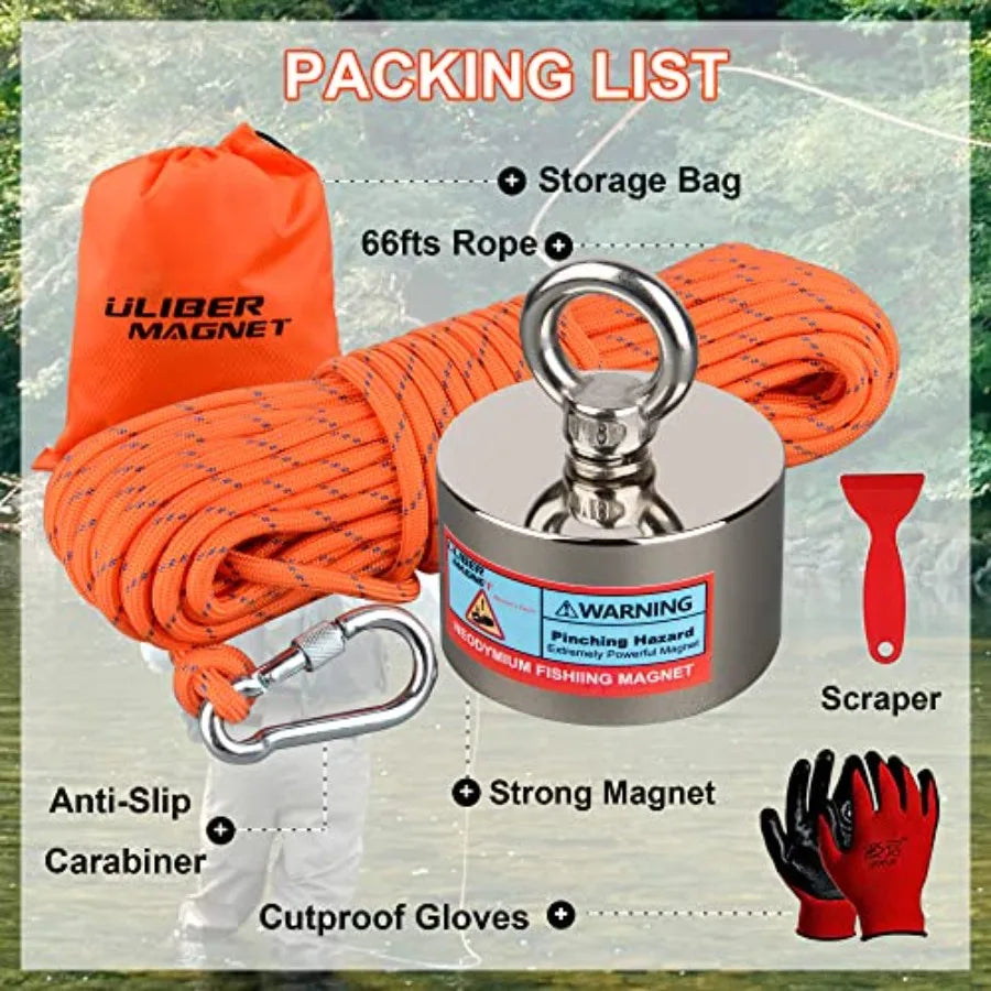 Fishing Magnet Kit 1000lbs Neodymium Salvage Magnet With 66ft Rope