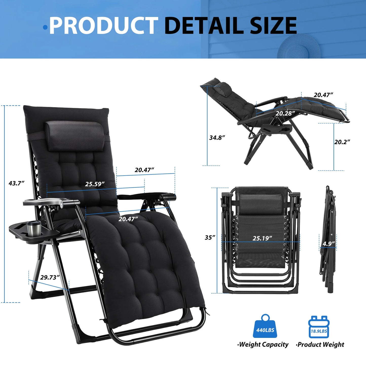 Zero Gravity Cushioned Lounge Chair Folding Camping Cup Holder Cooler