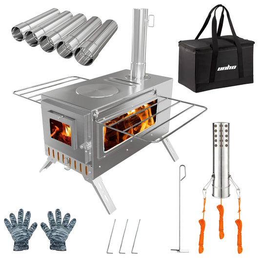 Portable Wood Burning Stove With Six Stainless Outdoor Chimney Pipes