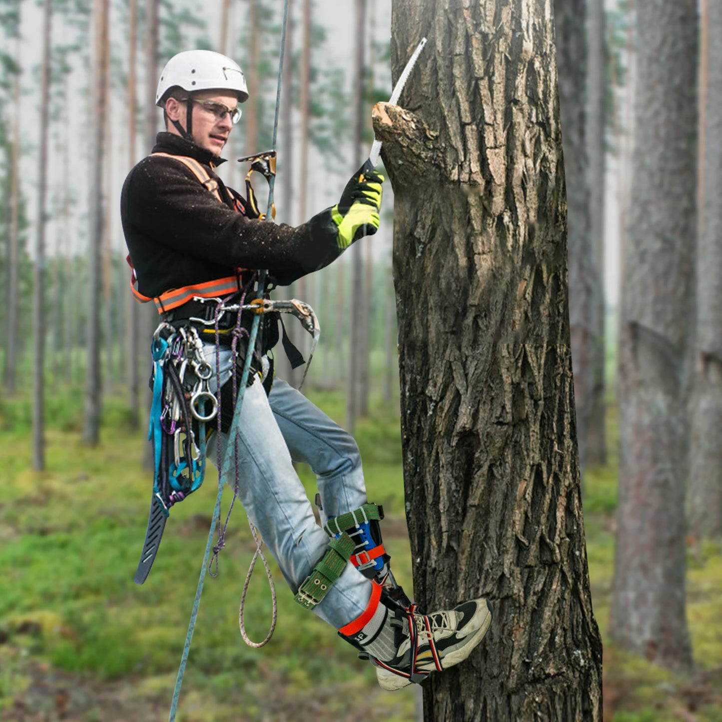 Tree Climbing Spikes Kit With Safety Harness Gloves Double Teeth