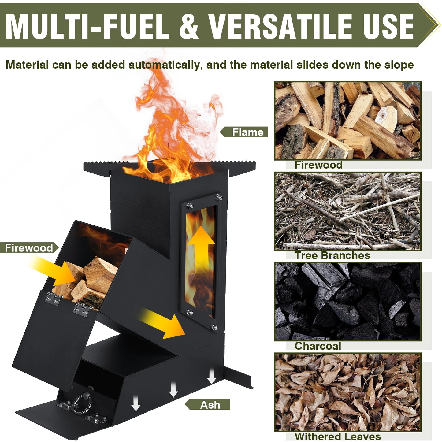 Portable Rocket Stove With Glass Door Outdoor Camping Grill Emergency