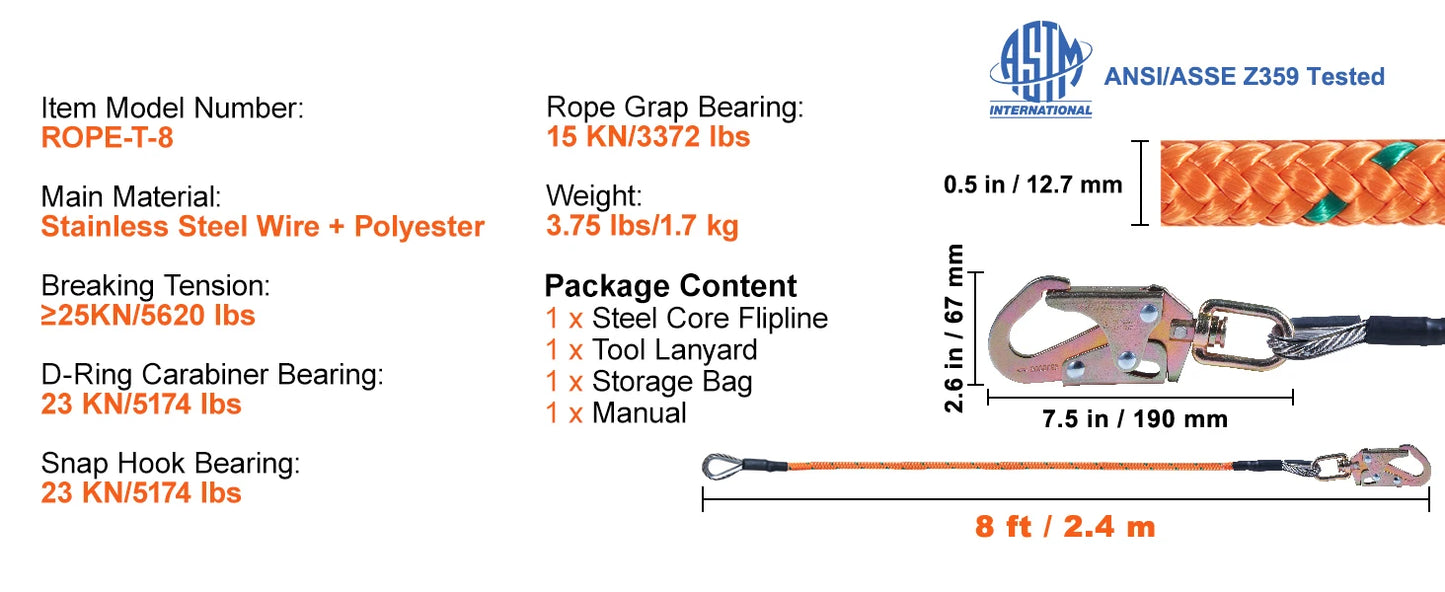 SucceBuy 25KN Steel Wire Flip Line Kit With Snap Hooks