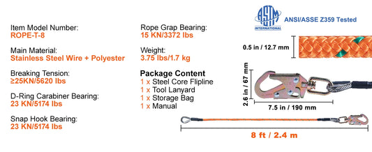 SucceBuy 25KN Steel Wire Flip Line Kit With Snap Hooks