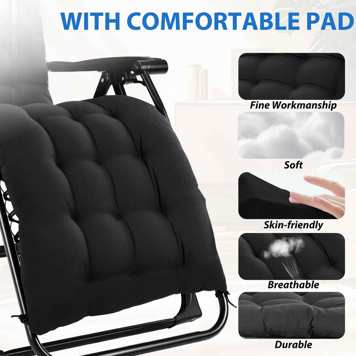 Zero Gravity Cushioned Lounge Chair Folding Camping Cup Holder Cooler