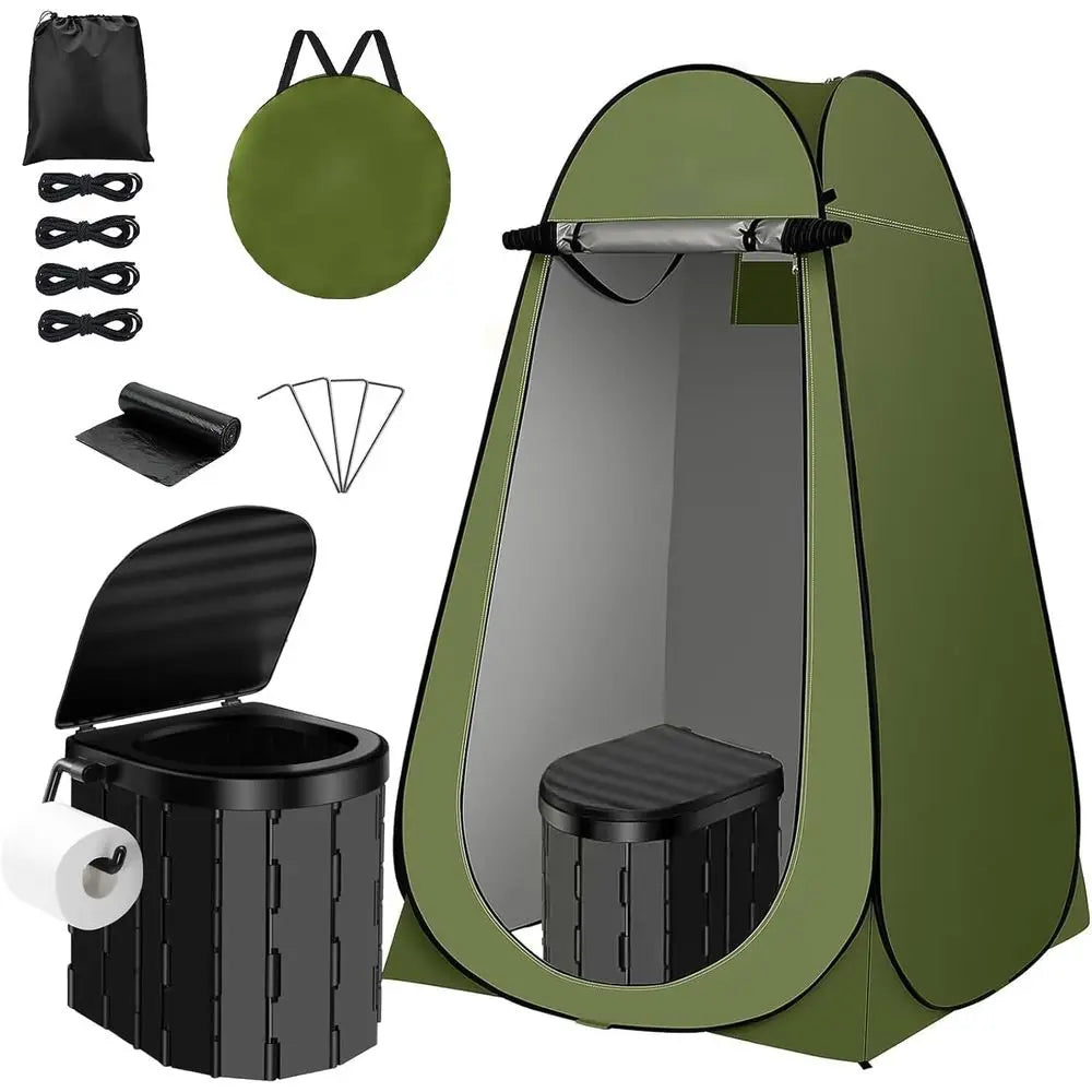 Compact Camping Toilet With Privacy Tent And Outdoor Shower Kit