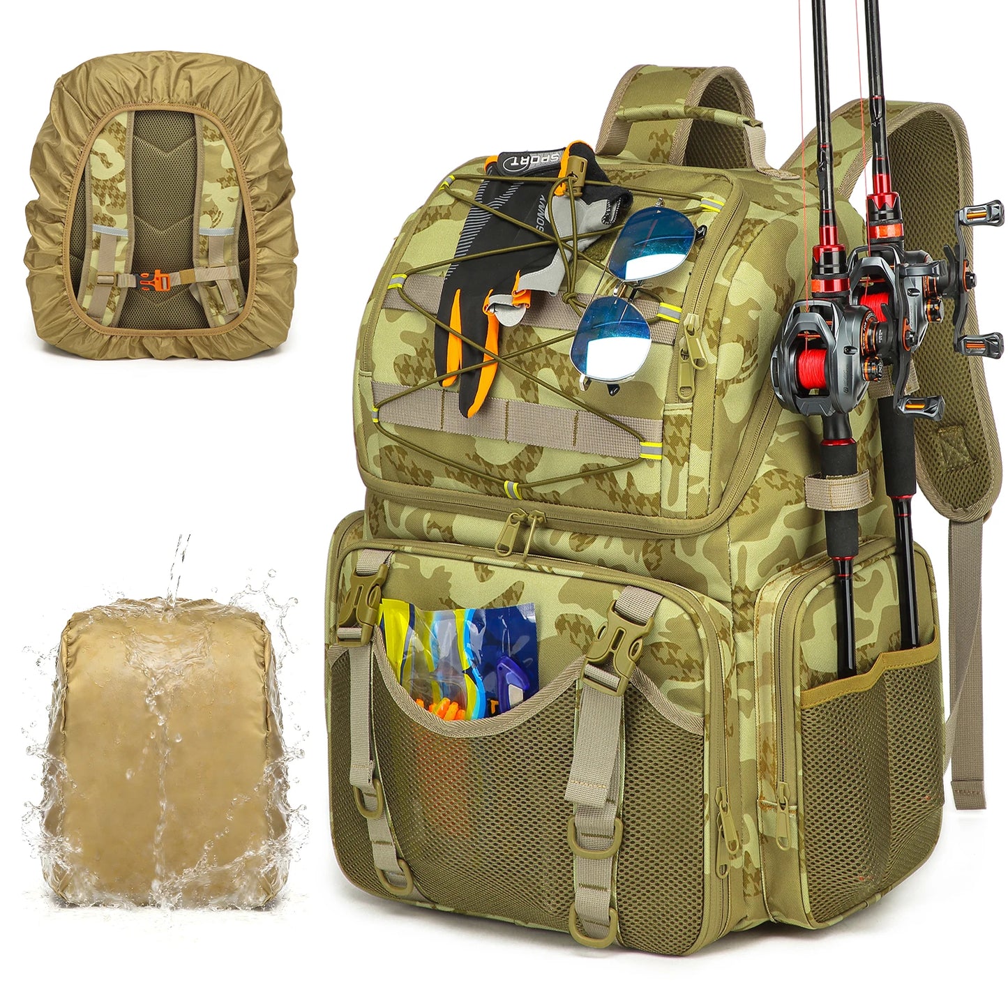 Fishing Backpack With Rod Holders And Tackle Storage Rain Cover