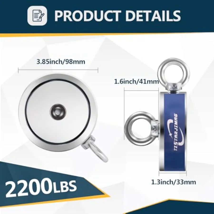 Double Side Magnet Fishing Kit 2200 Lb Super Strong Neodymium Magnets with 66 Ft Rope 3.85 Inch Large Magnetic Fishing Kit with