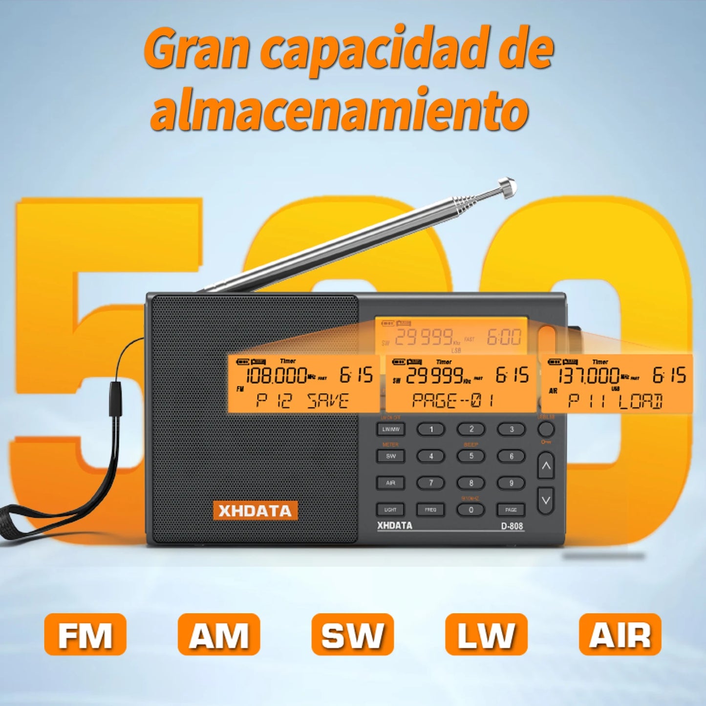 XHDATA D808 Portable Multiband Radio Receiver AM FM SW SSB