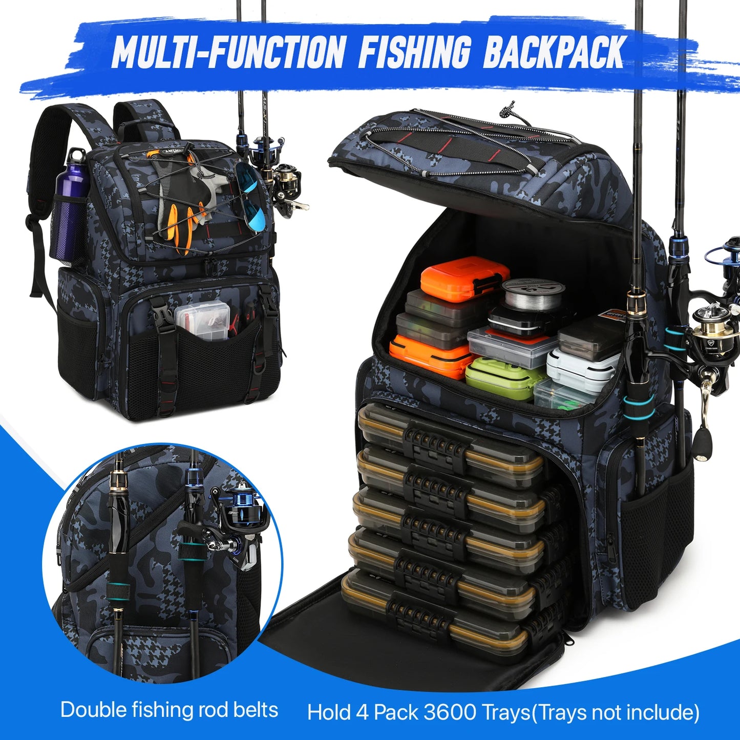 Fishing Backpack With Rod Holders And Tackle Storage Rain Cover
