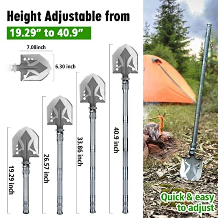 Multifunctional Folding Tactical Shovel Hatchet Combo with Axe Flashlight and Extension Handles in Black for Camping Cycling Hi