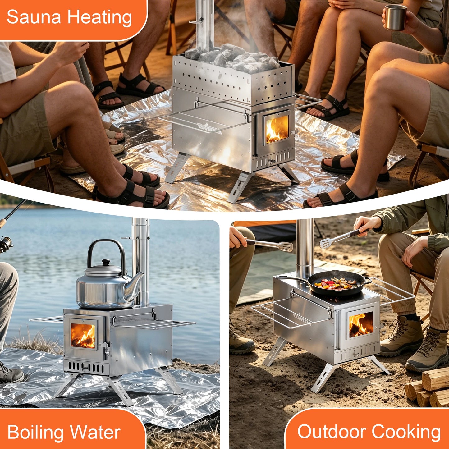 Portable Stainless Steel Hot Tent Stove With Six Chimney Pipes