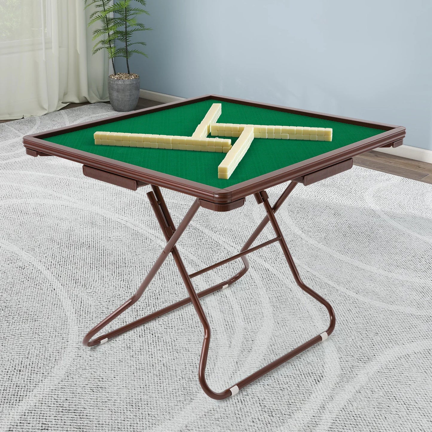 Foldable Square Mahjong Table With Wood Velvet Desktop