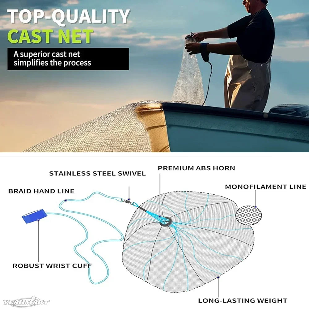 Saltwater Cast Net For Bait Fishing With Zinc Sinkers