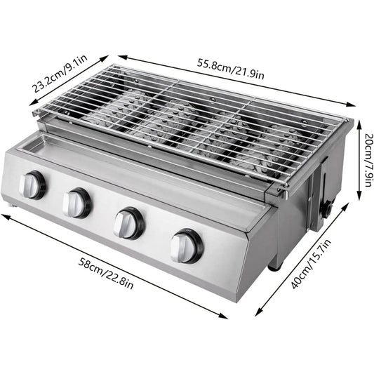Stainless Steel 4-Burner Portable Tabletop Propane Gas Grill Smokeless