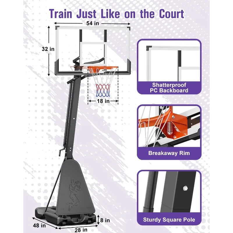 Portable Outdoor Basketball Hoop With Adjustable PC Backboard And Wheels