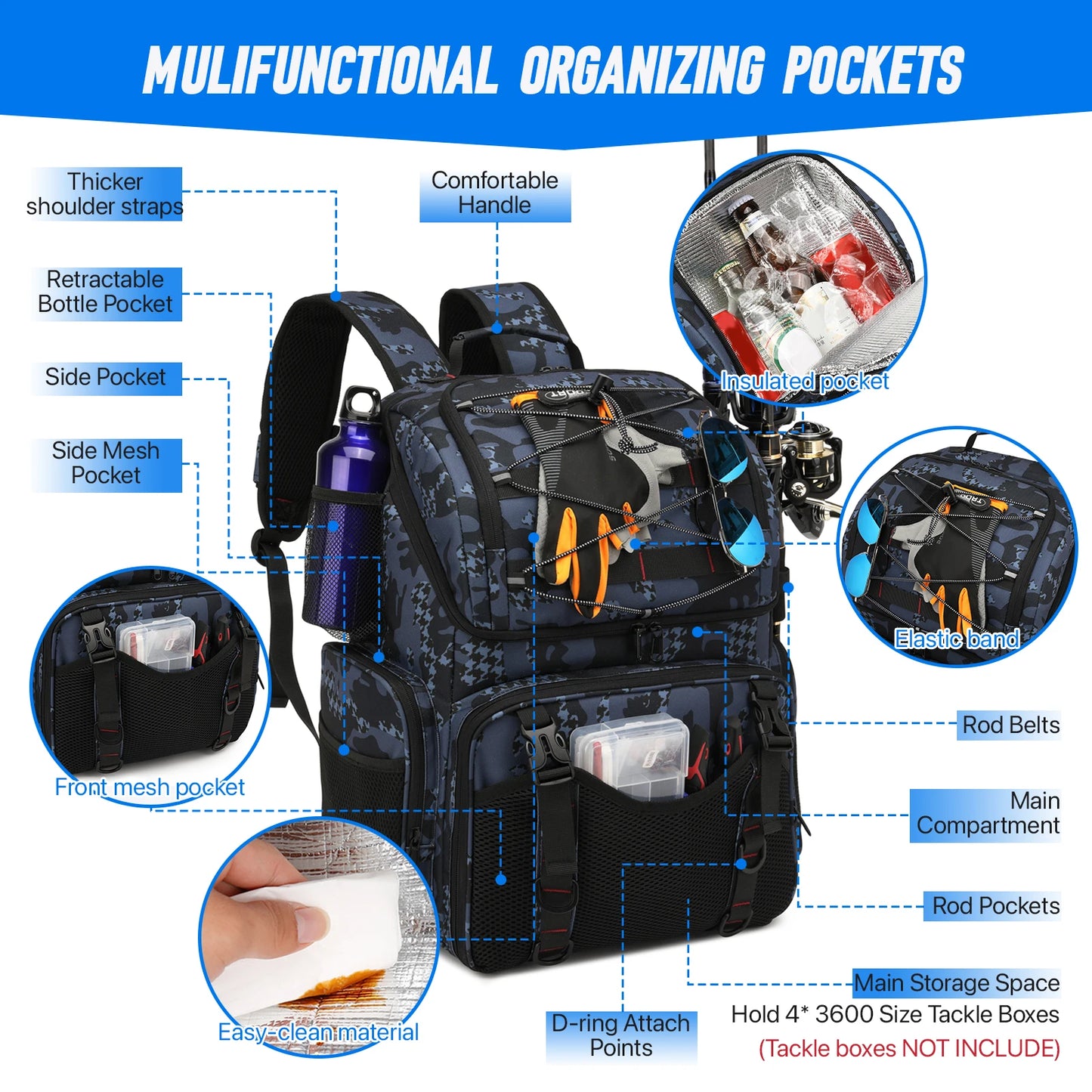 Fishing Backpack With Rod Holders And Tackle Storage Rain Cover