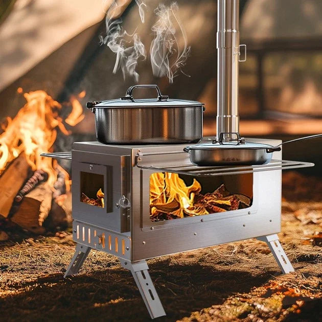 Portable Wood Burning Stove With Six Stainless Outdoor Chimney Pipes