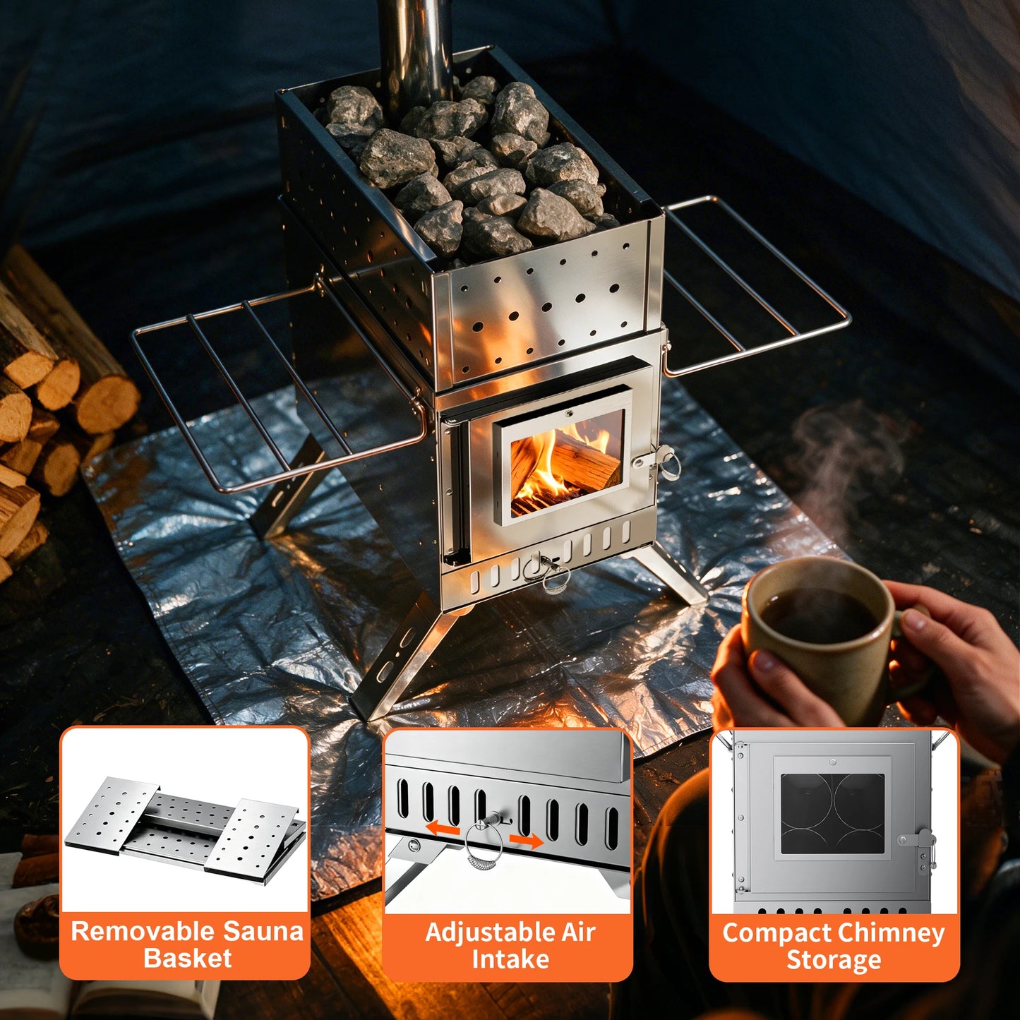 Portable Stainless Steel Hot Tent Stove With Six Chimney Pipes