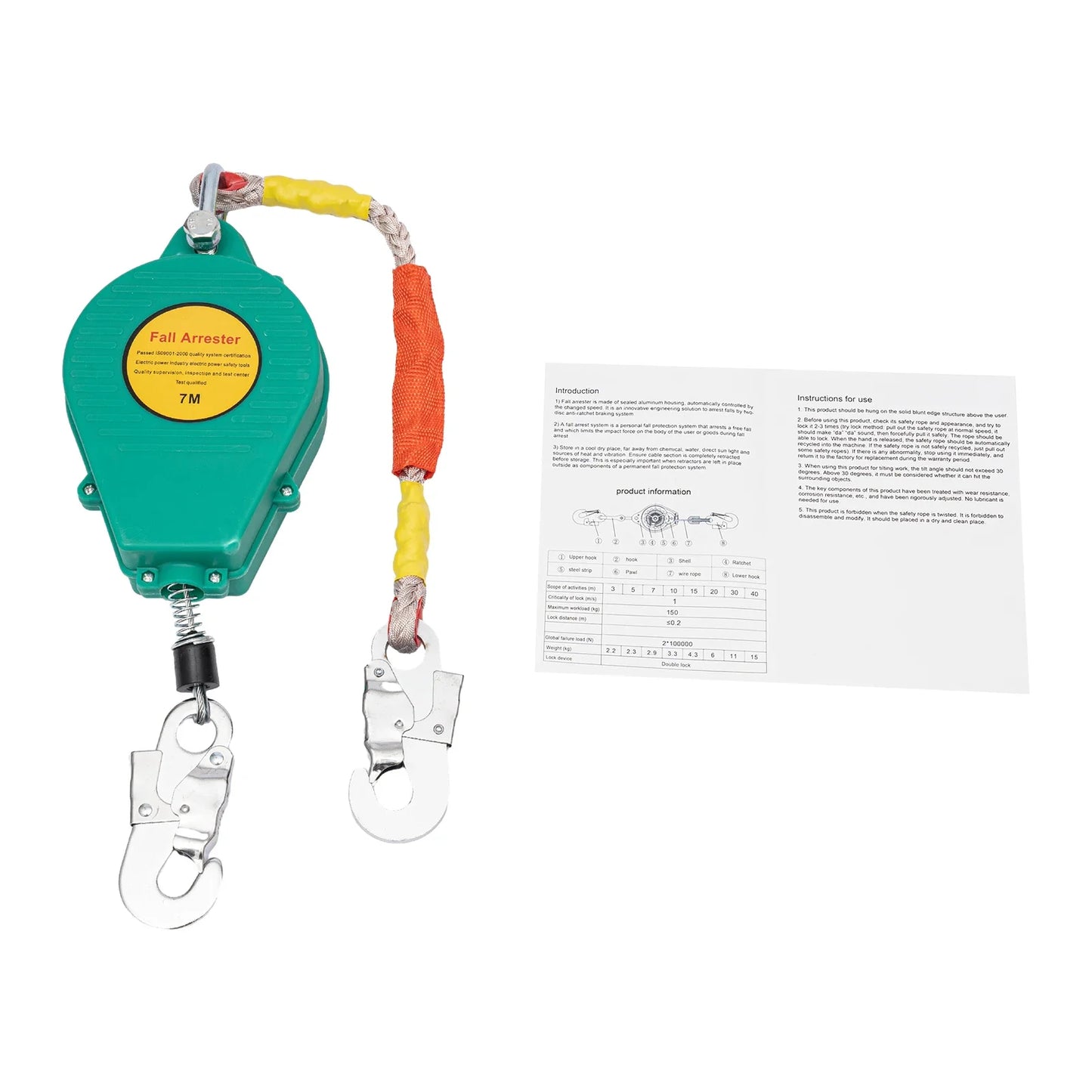 Fall Arrester Retracting Lifeline Alloy Steel Hook And Wire Rope