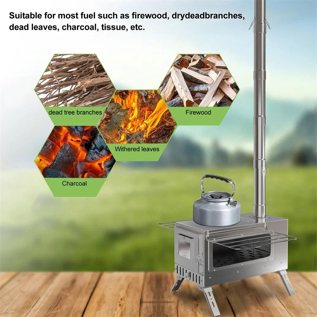 Portable Wood Burning Stove With Six Stainless Outdoor Chimney Pipes